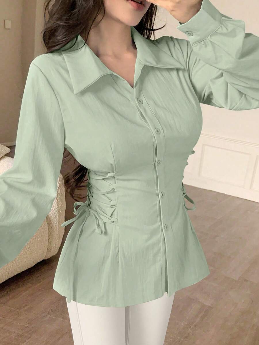Modelyn Elegant Commuter Solid Color Cross-Tie Waist Fashionable Blouse - Green - View 1