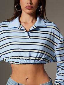 Denimoi Cropped Cinched Waist Striped Long Sleeve Polo Shirt - Blue - View 1
