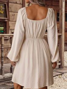 LanaWest CURVE Plus Size V-Neck Cinched Waist Ruffle Trim Lantern Sleeve Casual Mid-Length Dress For Women, Autumn - Apricot - View 2