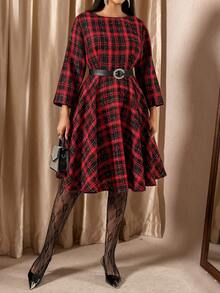 Zelara Plus Size Elegant Plaid Tweed Midi Dress For Women,Black And Red Autumn Sparkly Long Party Dresses,Tea Party Graduation,Christmas New Year Outfit - Multicolor - View 4