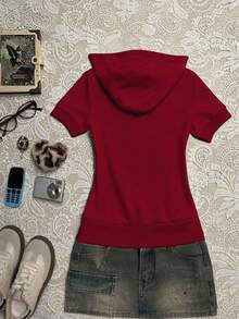 INAWLY Women's Floral Print Short Sleeve Drawstring Hooded Sweatshirt, Outdoor Sports Casual - Red - View 2