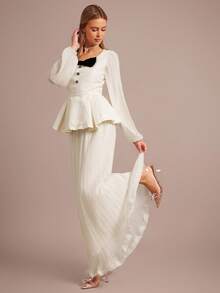 Enchnt Women's 2-Piece Set Elegant Black And White Bow Decor Lantern Sleeve Ruffle Hem Top&Midi Pleated Skirt,Autumn Wedding Guest Commuting Outfit - Apricot - View 3