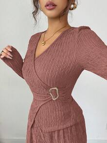 Elenzga 女士优雅通勤纯色裹身式上衣和裤子两件套 - 藕粉色 - 查看 4