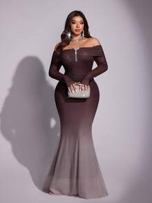 Viva Relle Elegantes figurbetontes Kleid mit Schulterausschnitt, Farbverlauf-Effekt und Meerjungfrauensaum für Große Größen, Weihnachtsrot für Partys - Kaffeebraun - Übersicht 4