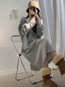 DAZY 女士休闲直筒中长连衣裙，落肩设计，带保暖内衬，浅灰色 - 灰色 - 查看 4