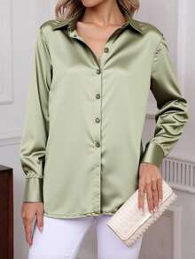 Women's Elegant Versatile Draped Vintage Long Sleeve Satin Blouse, Spring/Summer - Verde - Ver 1