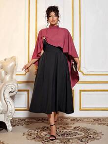 Cravure Plus Size Women Elegant 2 In 1 Contrast Color Dress - Black - View 6