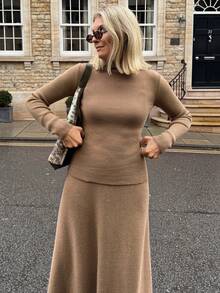Vivie Lora 2pcs Women Solid Color Tight Fitting Sweater Set, Autumn/Winter - Khaki - View 4
