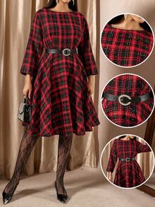Zelara Plus Size Elegant Plaid Tweed Midi Dress For Women,Black And Red Autumn Sparkly Long Party Dresses,Tea Party Graduation,Christmas New Year Outfit - Multicolor - View 9
