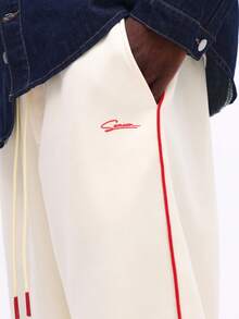 SUMWON 高级撞色滚边运动裤，滑板裤版型，抽绳腰带，侧边口袋，休闲宽松居家服，街头风。 - 杏色 - 查看 8