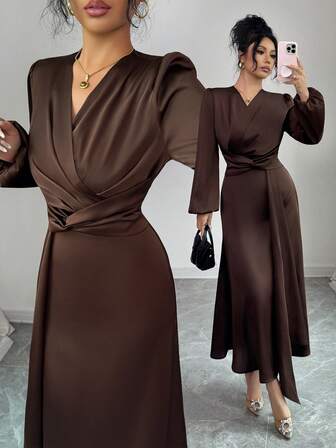 Elenzga Elegant romantisk damklänning med V-ringning och lanternärm, A-linjeformad långklänning, satintyg, lämplig för pendling, semester, eftermiddagste