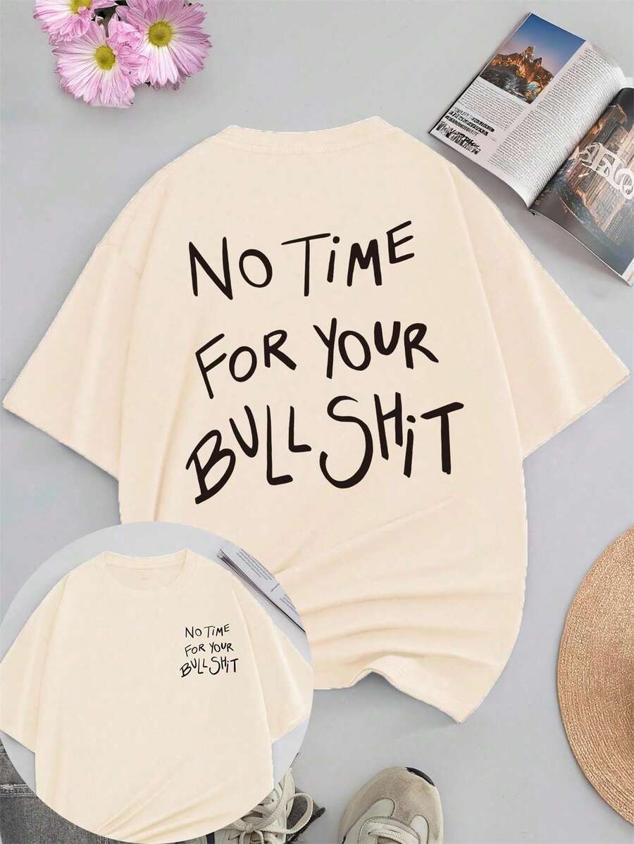 EMERY ROSE Camiseta de manga corta de cuello redondo con estampado de letras y ajuste holgado para mujer de talla grande - Albaricoque - Ver 1