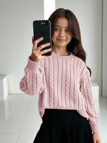 SHEIN Firerie Kids Tween Girl Casual Solid Color Dropped Shoulder Loose Textured Knit Cropped Sweater, Autumn/Winter - Baby Pink - View 7