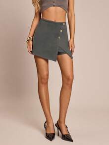 SHEIN Clasi Women's Solid Color Button Decor Split Hem Casual Mini Skirt Shorts - Grey - View 4