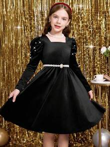 Tween GirlsBurgundy Solid Color Elegant Long Sleeve Dress - Black - View 2