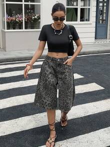 Livesso Quần short denim dáng rộng in họa tiết da báo dành cho nữ, quần short denim mùa hè. - Xám - Xem 4