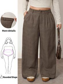 Enliva 大码休闲复古褶皱格子西装裤，秋冬 - 米色 - 查看 1