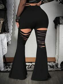 Flirla Fall Autumn And Winter  Grunge Punk Plus Size Fashionable Punk Ripped Lace-Up Flare Pants - Black - View 1