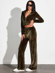 EURMUSE Damen Mintgrüner Samt Zweiteiler - NASTY Hotfix Strass Trainingsanzug, Slim Fit Reißverschluss Hoodie mit Skelett Hand Kristall Design & Hohe Taille Jogginghose, fancy Baddie Y2K Loungewear Set für Teenager Mädchen, kuschelig weicher Komplett-Look - Minzgrün - Übersicht 5