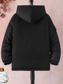 Vacaura 1pc Hooded Black Padded Coat With Pockets For Teenage Boys, Suitable For Outdoor Winter Activities