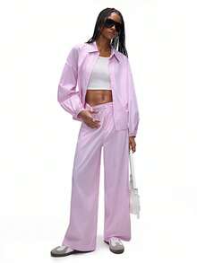 EMERY ROSE Spring New Versatile Loose Shirt Set Women, Long Sleeve Puff Sleeve Straight Leg Pants 2 Pieces Outfit - Red and White - View 2