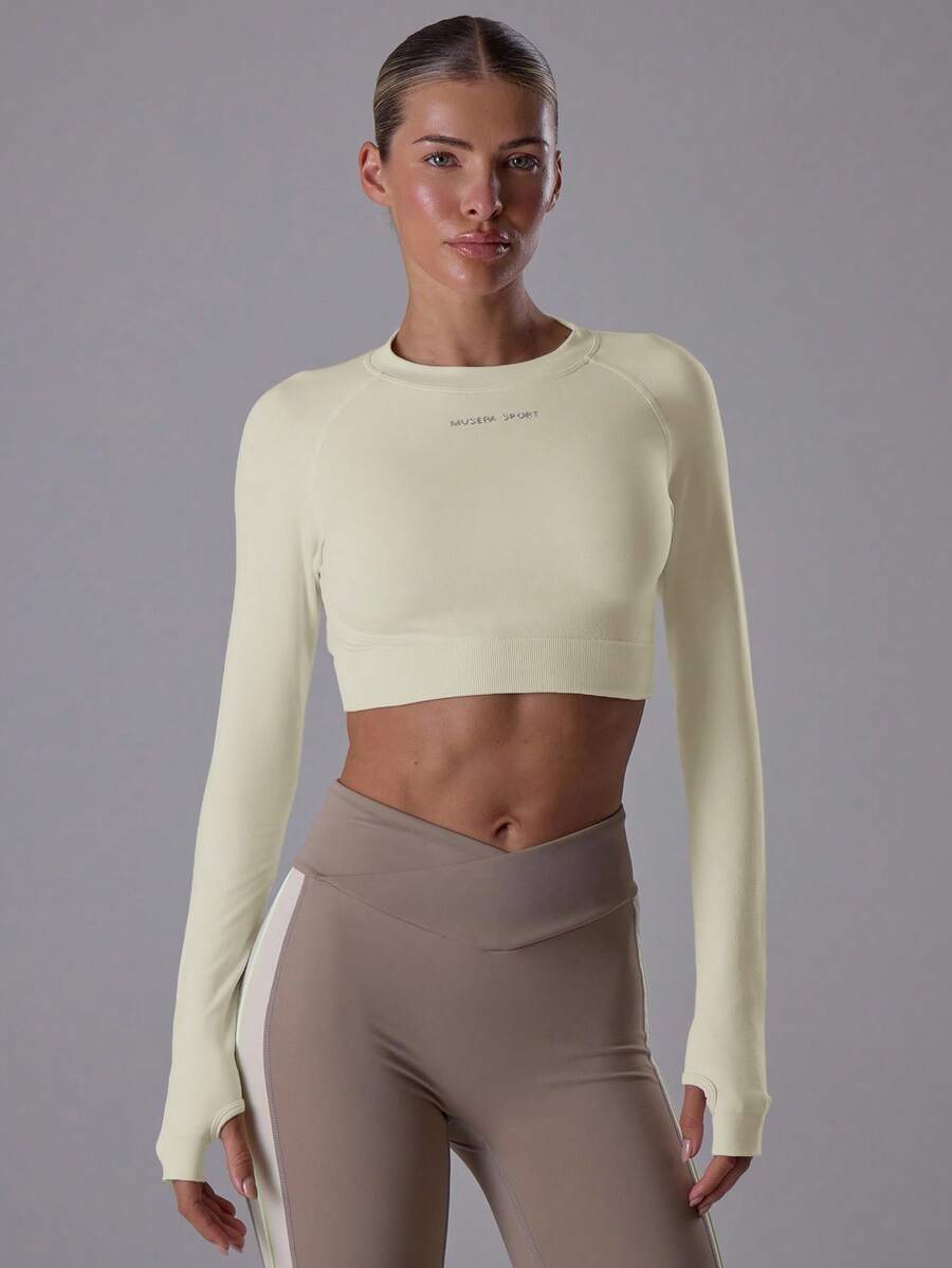 Musera Sport Áo croptop tay dài ôm sát, khẩu hiệu 'Sport', thích hợp cho Padel, Tennis, Pickleball, Yoga, Pilates, thể dục, mặc hàng ngày. - Màu be - Xem 1