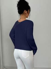 Rafferiza Femmes Couleur Unie Col Rond Épaule Tombante Manches Longues Pull Décontracté Ample, Automne/Hiver - Bleu azur - Voir 2