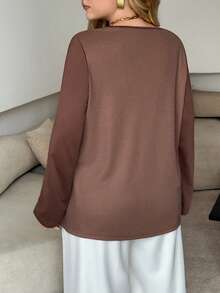 Lacomfia Plus Size Women Casual Loose Knit Textured Patchwork Crew Neck Long Sleeve Pullover Top, Autumn/Winter - Brown - View 2