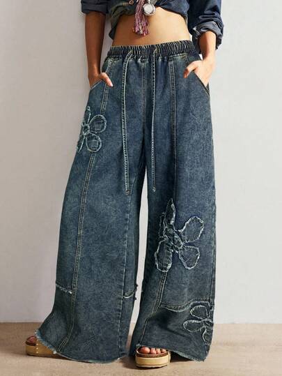 Bohemela Women's Casual Solid Color Wide Leg Jeans