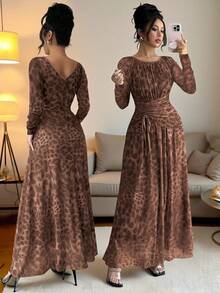 Rafferiza Women's Elegant Leopard Print Mesh Round Neck Ruched Waist Flared Long Sleeve Dress - Khaki - View 1