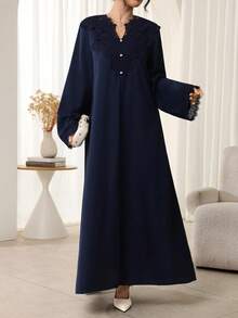 Al Najma 女士宽松刺绣阿拉伯风格连衣裙，优雅百搭，适合日常穿着和正式场合，秋冬季款 - 藏蓝色 - 查看 6