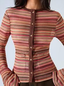 SHEIN EZwear Plus Size Casual Striped Front Button Flare Sleeve T-Shirt, Autumn - Multicolor - View 5
