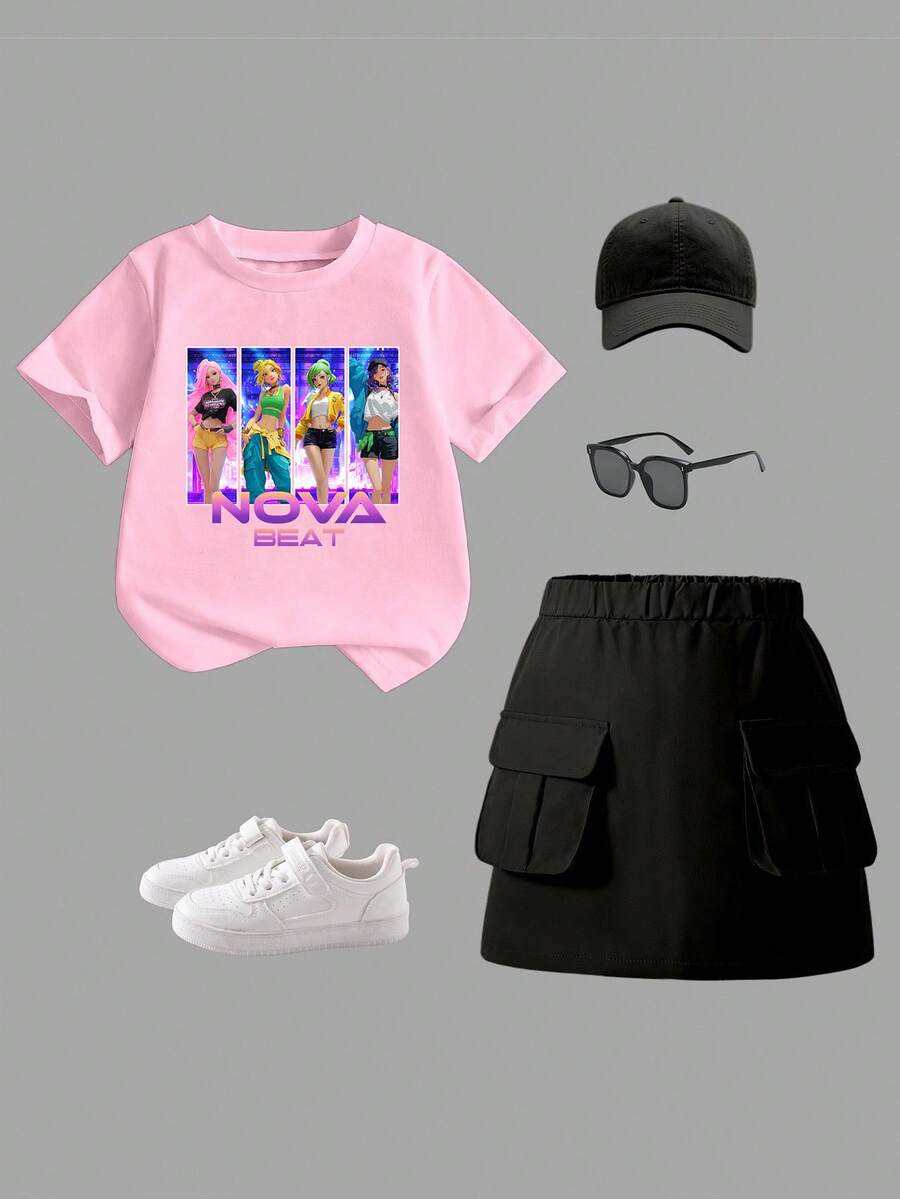 SHEIN ChillGRL 两件套少女休闲时尚春秋冬装,卡通人物设计,短袖圆领T恤搭配工装裙,舒适短袖圆领T恤搭配打底裤,适合春夏穿着,时尚休闲,街头风,户外野餐,上学,聚会,礼物 - 彩色 - 查看 1