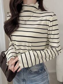 FRIFUL Damska koszulka z wysokim kołnierzem i falbanką, prążkowana, dopasowana, urocza, swobodna, z długim rękawem, odpowiednia do noszenia warstwowego, jesień/zima