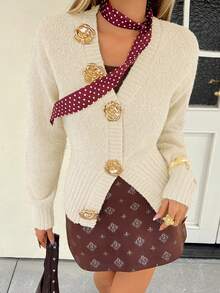 DAZY كارديجان أزرار بياقة على شكل وردة للنساء، موضة خريفية Y2K - أبيض - مشاهدة 3