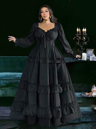Lyrianda Elegant Ruffle Hem A-Line Dress, Vintage Medieval Punk Princess Style, Plus Size, Suitable For Autumn, Winter, Spring