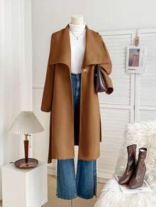 SHEIN LUNE Plus Size Solid Color Minimalist Long Sleeve Woolen Sweater, Everyday Wear/Winter - Brown - View 5