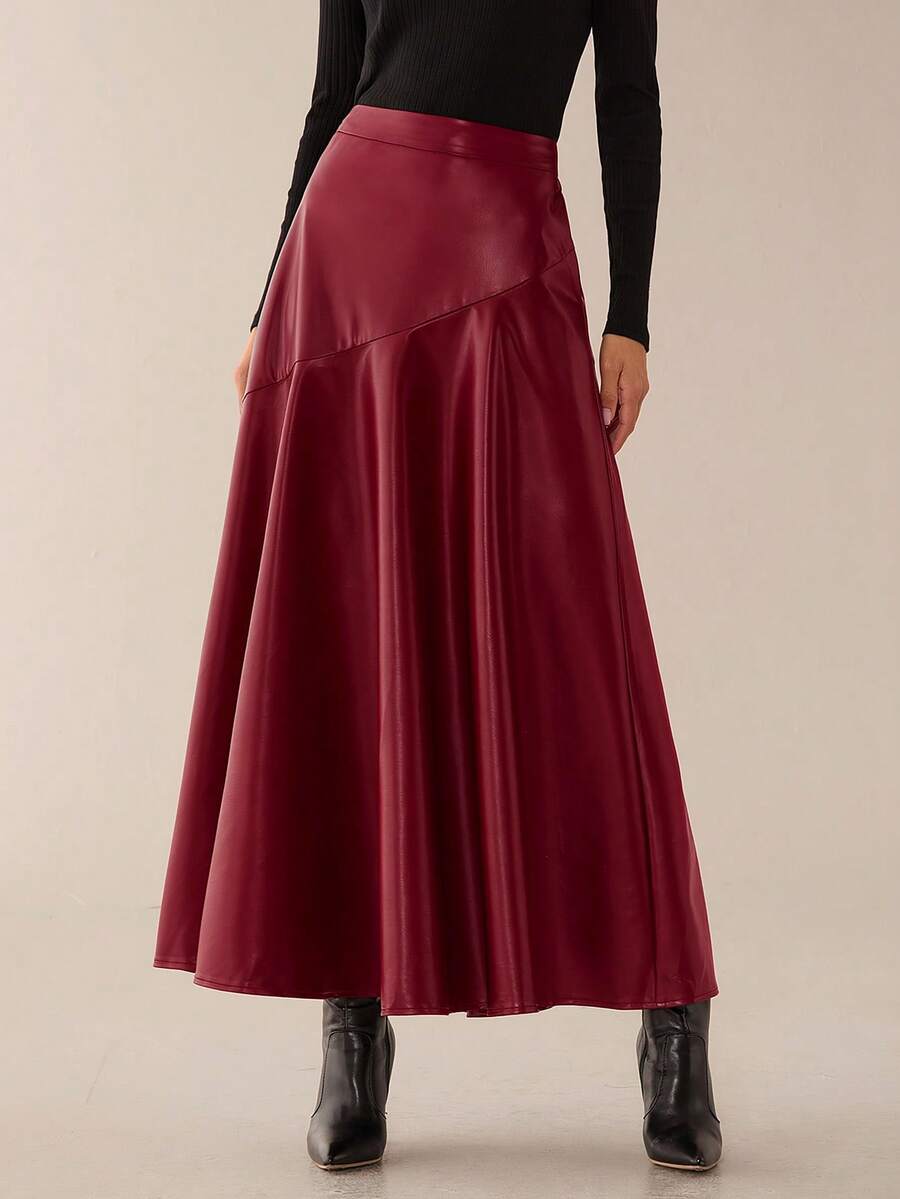 Lilora 女士休闲通勤纯色PU皮A字裙 - 酒紅色 - 查看 1