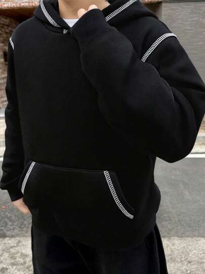 SHEIN Mirajuku 青少年男孩撞色条纹口袋休闲连帽衫