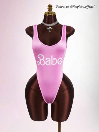 Amplova Glossy Material Sexy Low-Cut Women's  Pink Bodysuit