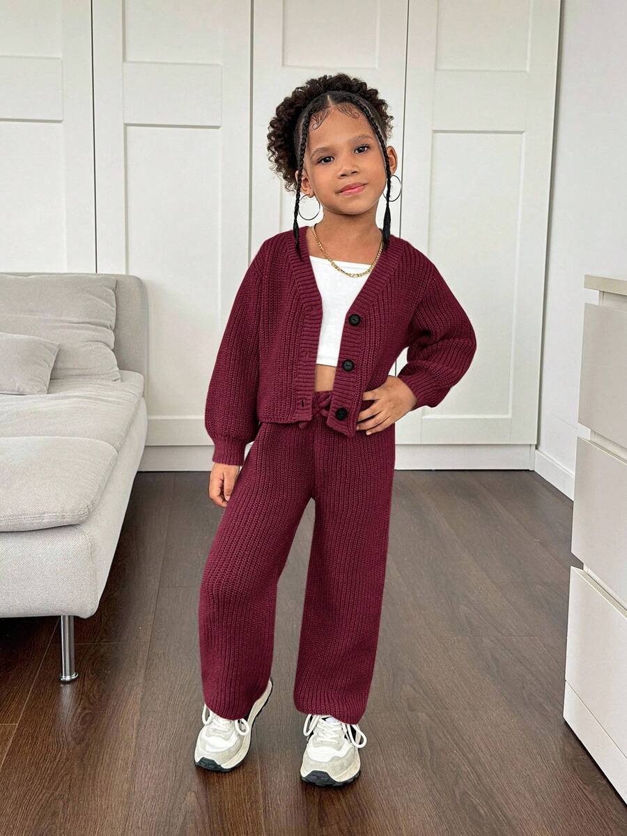 SHEIN SLAYR Young Girl 2pcs/Set Young Girl Plain Cardigan & Knitted Pants, Sweater Outfits In Fall/Winter - Burgundy - View 1