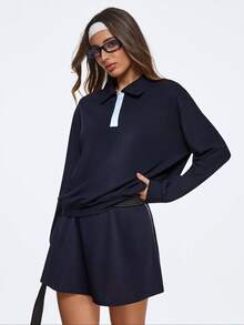 Eassivo Eassivo 女士撞色落肩长袖休闲健身运动Polo衫