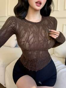 DAZY 女士纹理圆领长袖修身时尚性感上衣 Y2k