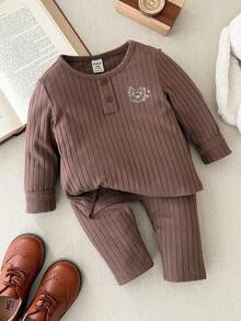 Blossori Conjunto de camiseta de manga larga con cuello redondo y bordado de animales elegante francés y pantalones para niñas bebé - Café integral - Ver 3