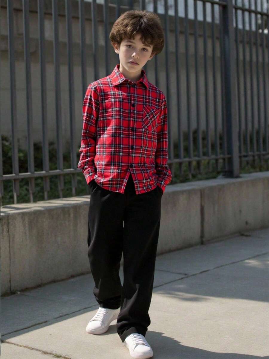 Vacaura 男童休闲红色格子衬衫黑色梭织裤套装（2件套），适合日常、通勤、度假、圣诞节等场合。 - 紅色 - 查看 1