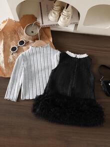 SHEIN Elladie kids 两件套女婴秋冬服装，适合开学季，3个月至3岁，包含一件灰色碎花时尚街头风弹力罗纹高领长袖荷叶边上衣和一件黑色圆领无袖层叠网纱裙，舒适柔软休闲，适合春、秋、冬三季室内外穿着，可作为礼物。 - 彩色 - 查看 2