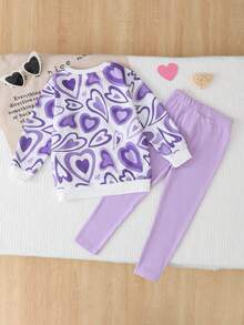 Sparklyn 2pcs/Set Girls Casual Heart Print Long Sleeve Top And Pink Pants Outfit - Purple - View 2