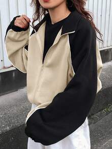 FRIFUL Women's Contrast Color Short Zip Up Loose Fit Jacket, Long Sleeve - Apricot - View 5