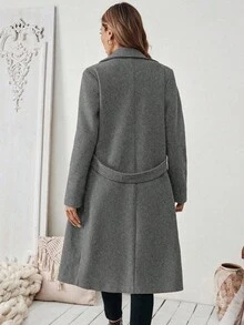 SHEIN PETITE 女士基础款羊毛混纺大衣，翻领设计，纽扣腰带，收腰剪裁，适合通勤和商务场合，秋冬季穿着。 - 灰色 - 查看 2
