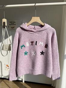SHEIN 女童紫色连帽卫衣，刺绣休闲加厚套头针织衫，长袖，适合日常休闲穿着，秋冬季 - 紫色 - 查看 3